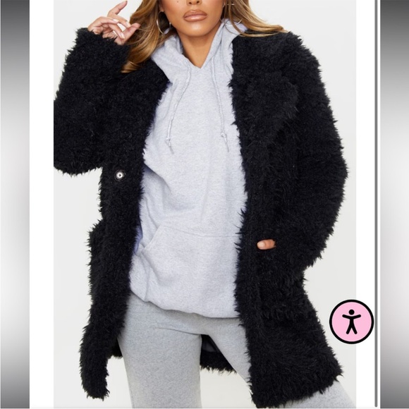 PrettyLittle Thing PETITE BLACK TEDDY FAUX FUR COLLAR MIDI COAT - Picture 2 of 10